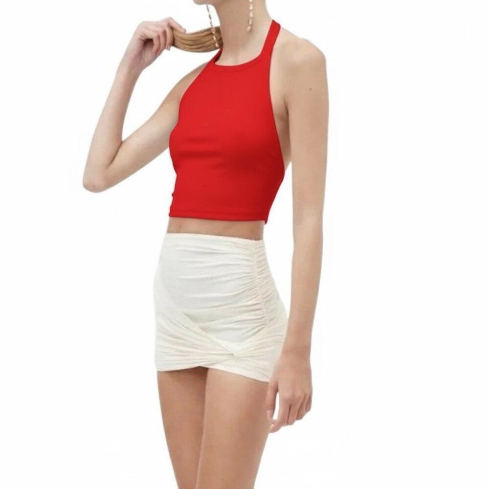 New Aya Muse Cinnabar Knit Tied Draped Halter Crop Top XXS Red - Picture 5 of 6